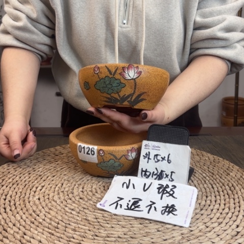 紫砂花盆微瑕柴烧手绘窝口两只0126