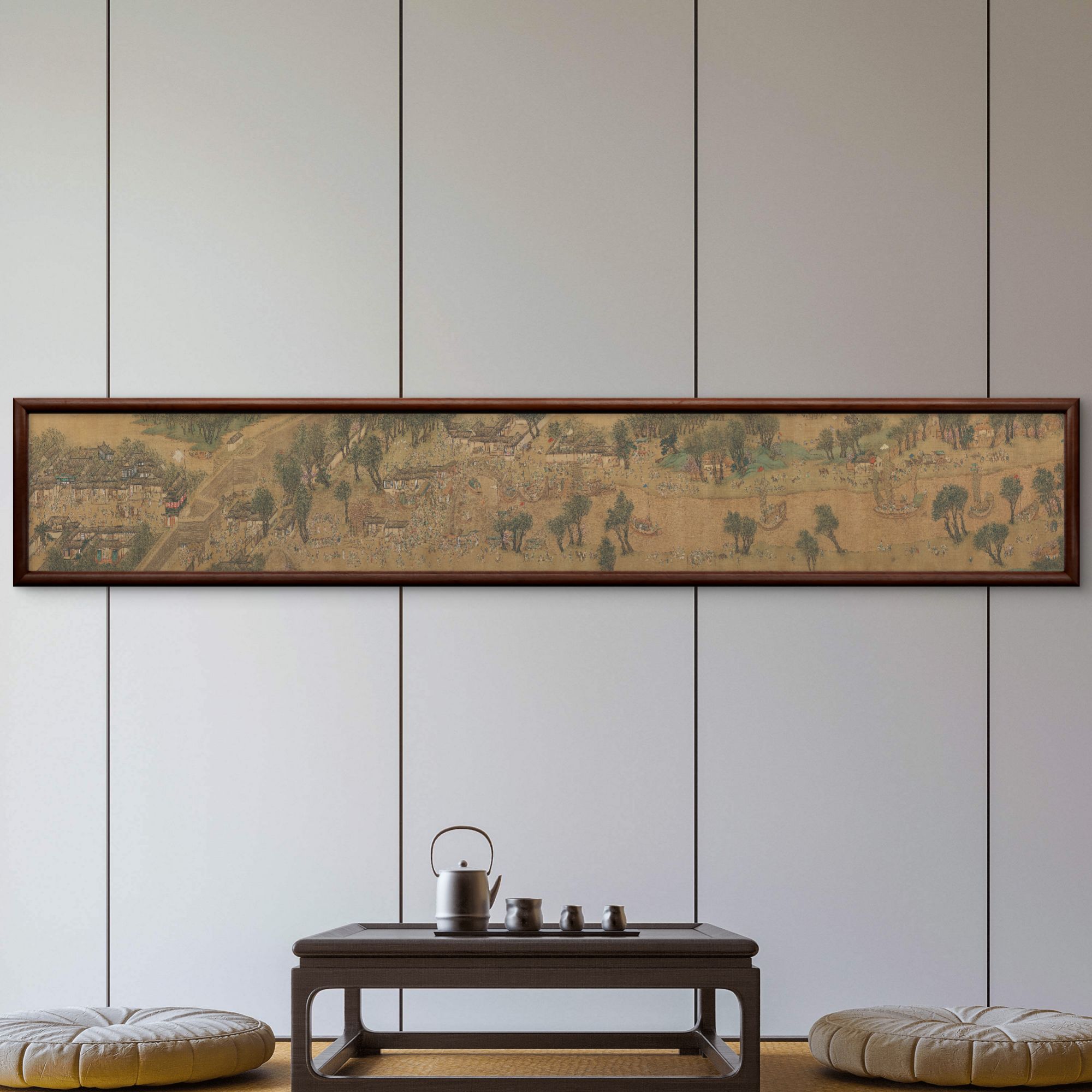 184-40*240清明上河图有桥装饰画实木框书房茶室客厅背景墙挂画