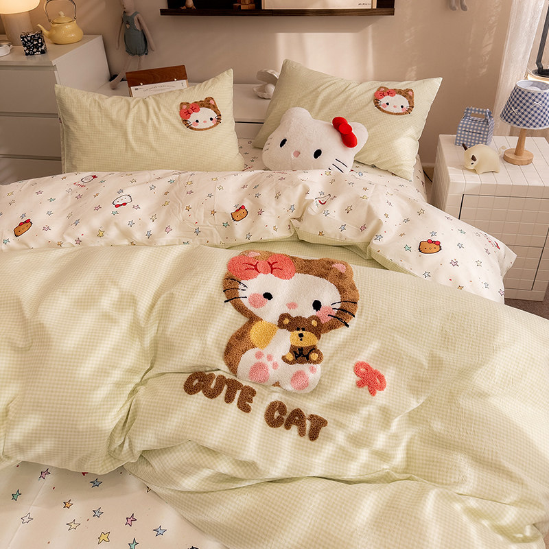 纯棉【绿格猫】四件套全棉2026床上宿舍三件套刺绣被套床单床笠