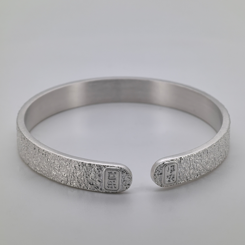 足银手镯 足银999 CNC纸醉金迷开口手镯 平安喜乐款 31克磨砂