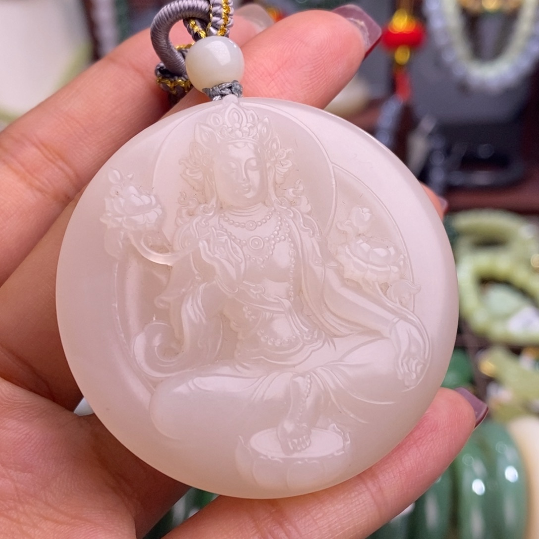 和田玉清货价老矿料熟藕粉度母未镶嵌