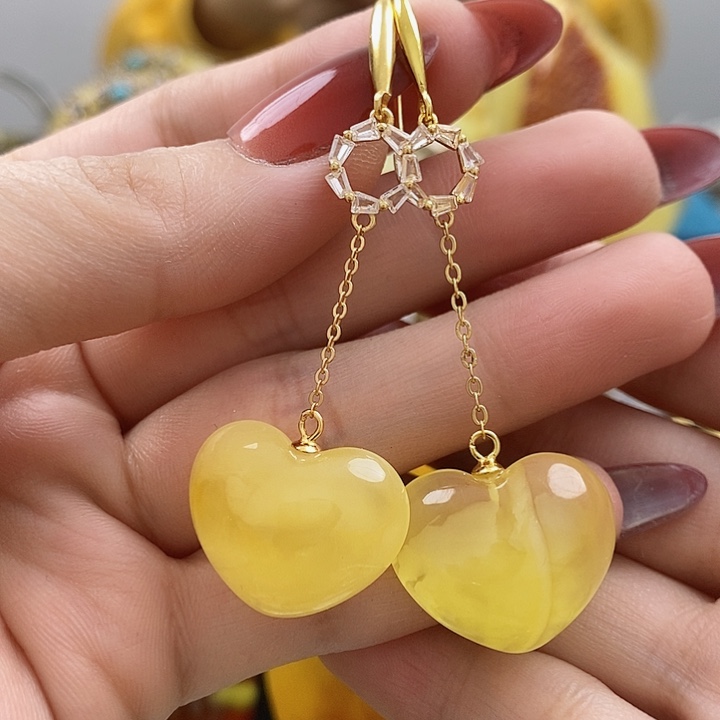 琥珀耳饰银S925镶嵌耳环