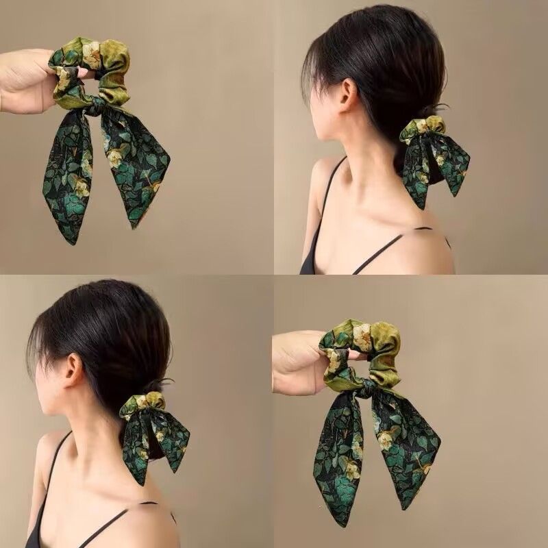 婉之恋  小众设计感蝴蝶结飘带大肠发圈女缎面油画发带绑头绳发饰