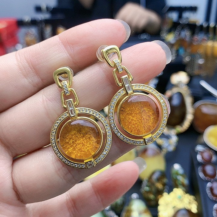 琥珀裸石银S925镶嵌耳坠