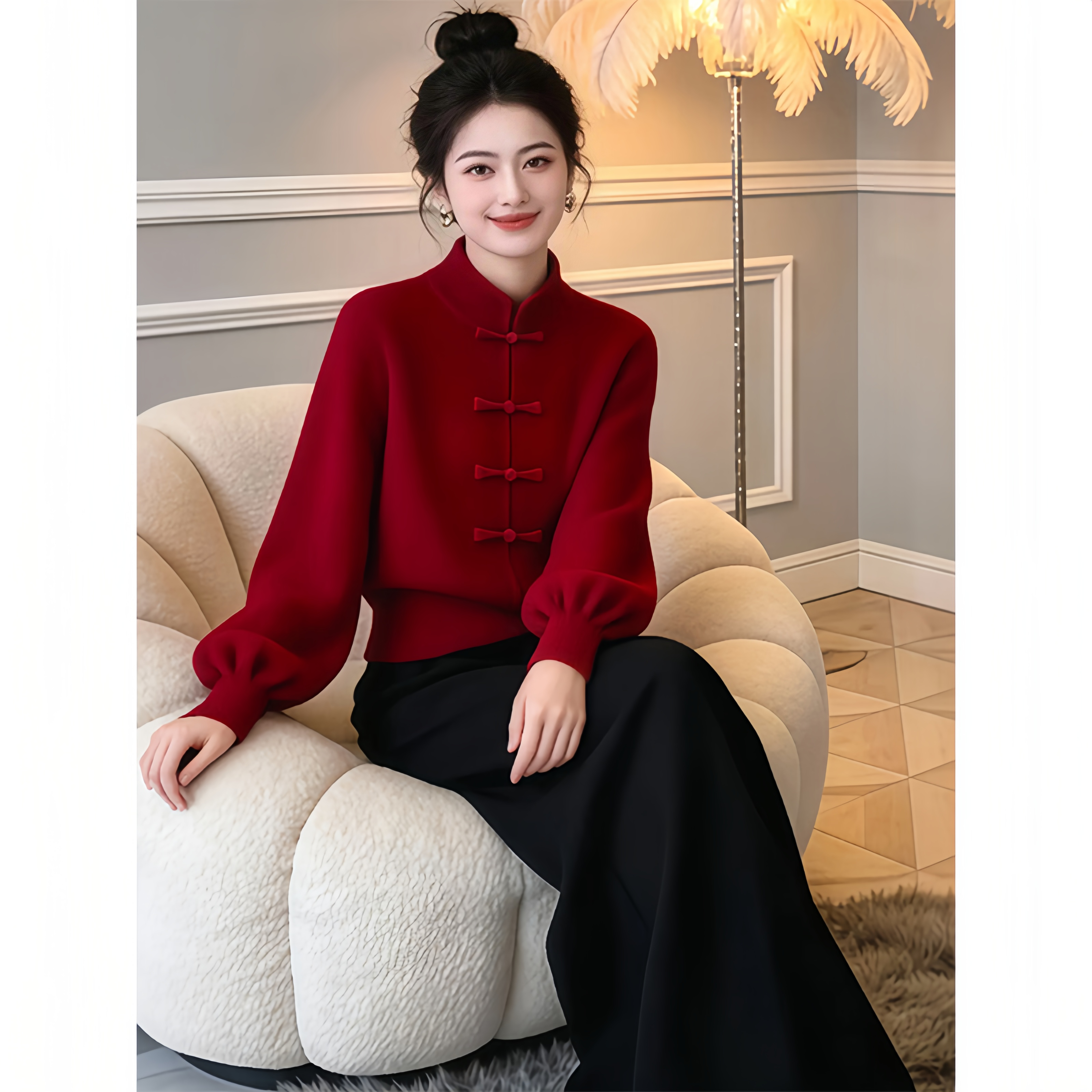 新中式立领盘扣粗线上衣秋冬2025冬季独特超好看短款灯笼袖针织衫