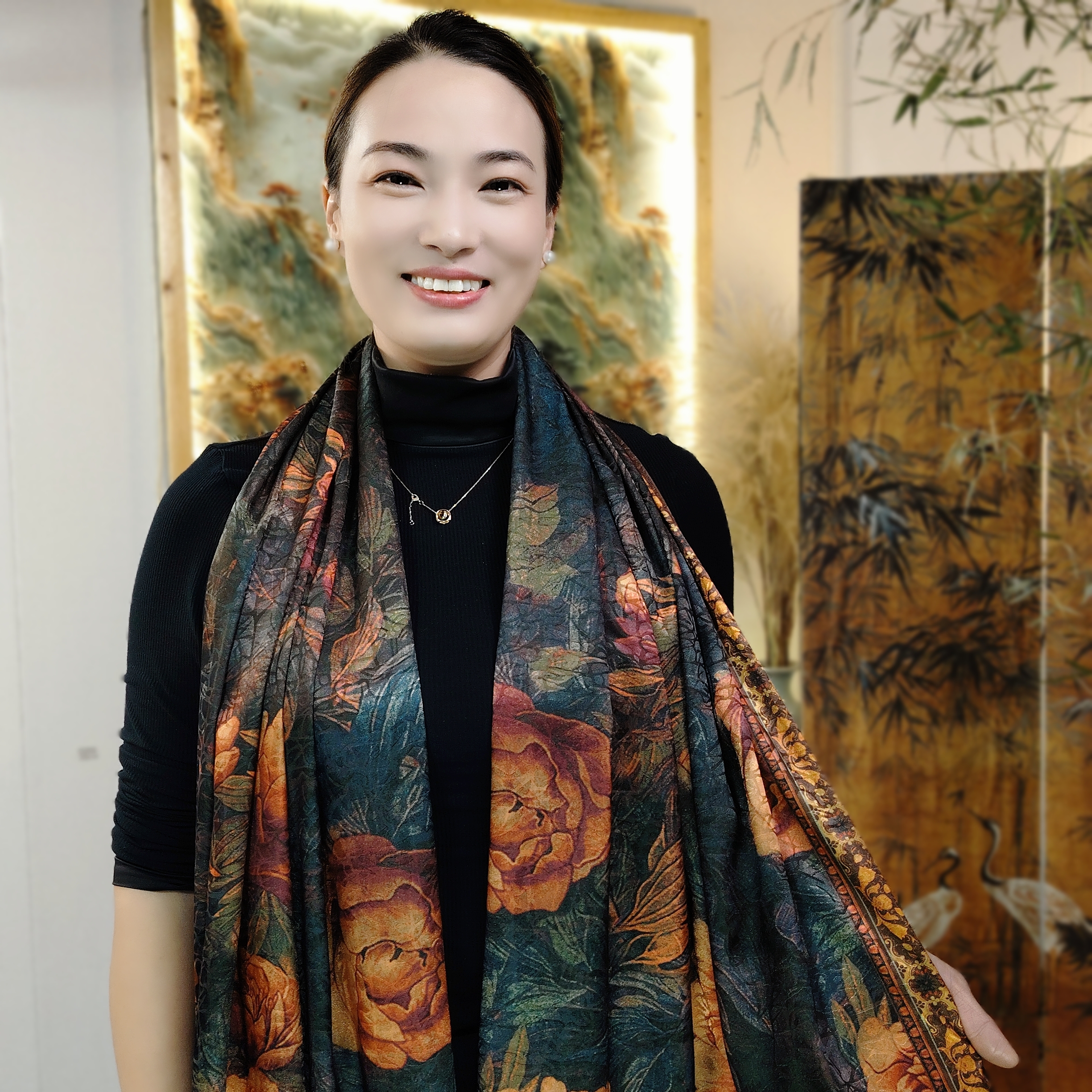 【花样年华】180*70春秋新款龟裂纹长巾围巾女士丝巾双面色手卷边