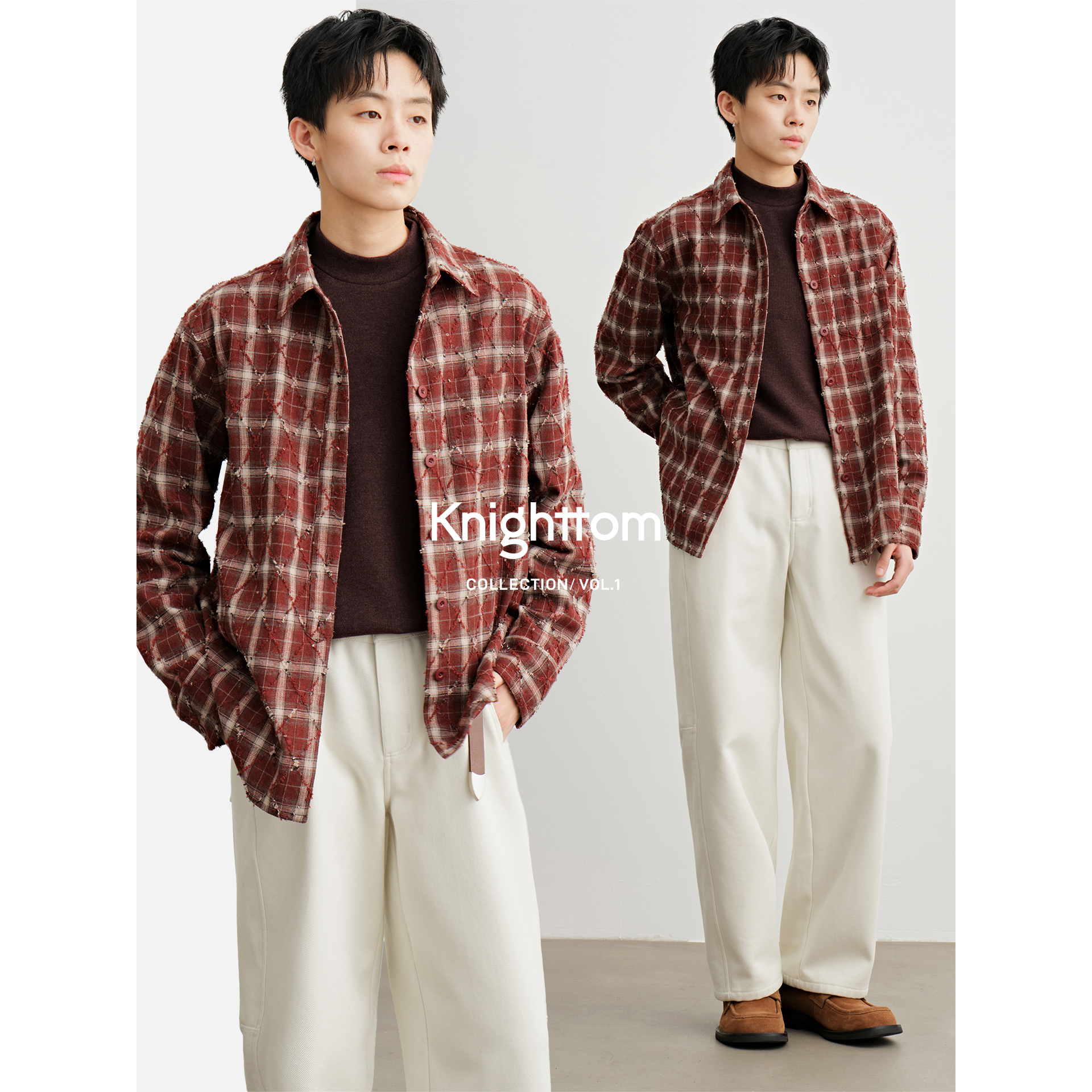 knighttom【圣诞款 磨毛撞色格纹】宽松红色格子衬衫X254S287A
