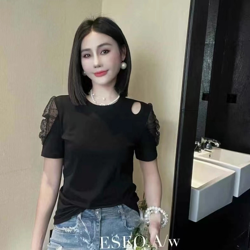 2025夏季圆领洋气漏肩时尚百搭t恤显瘦短袖2505