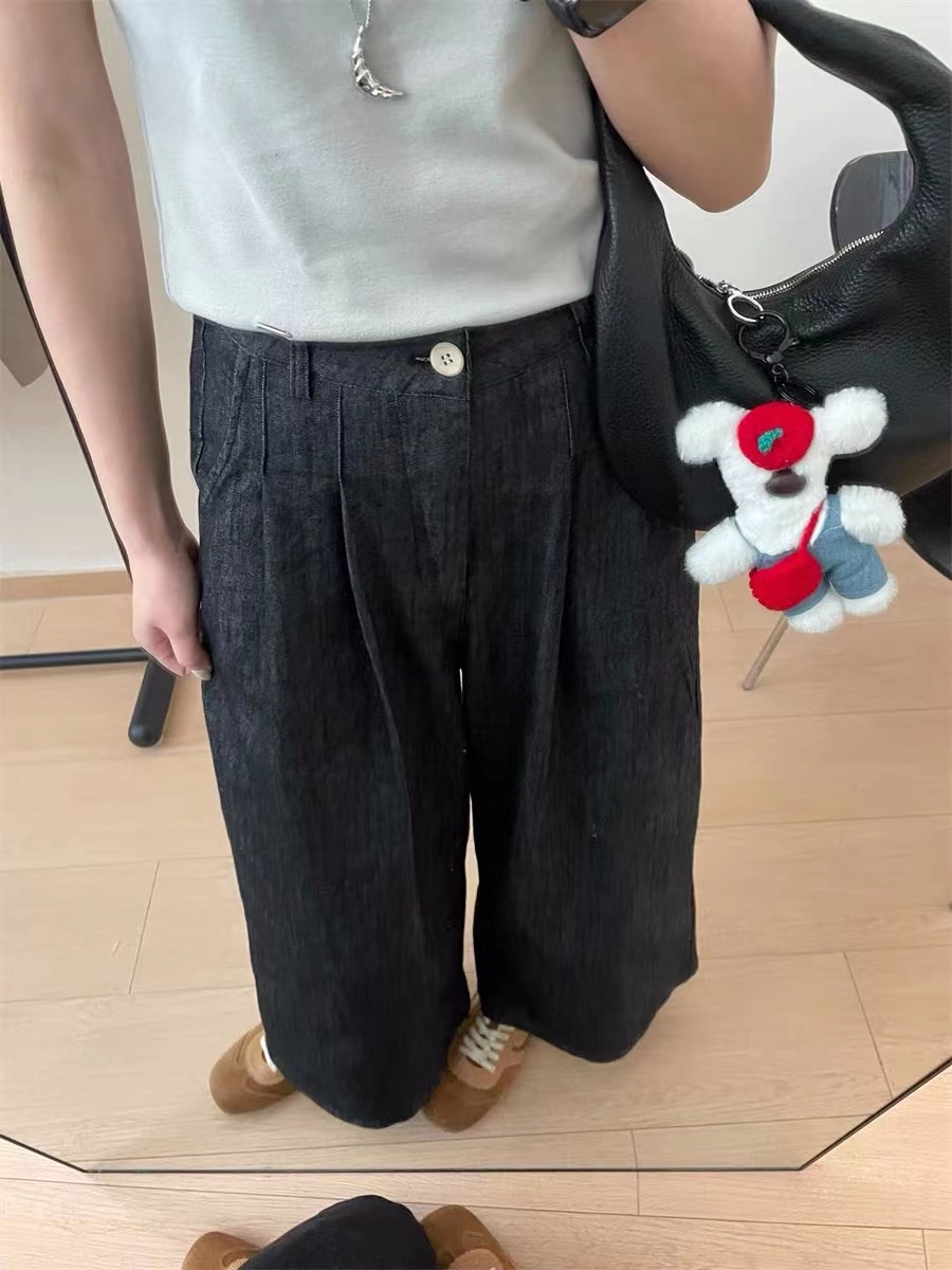 宽松韩系简约薄牛仔阔腿裤【后松紧腰】