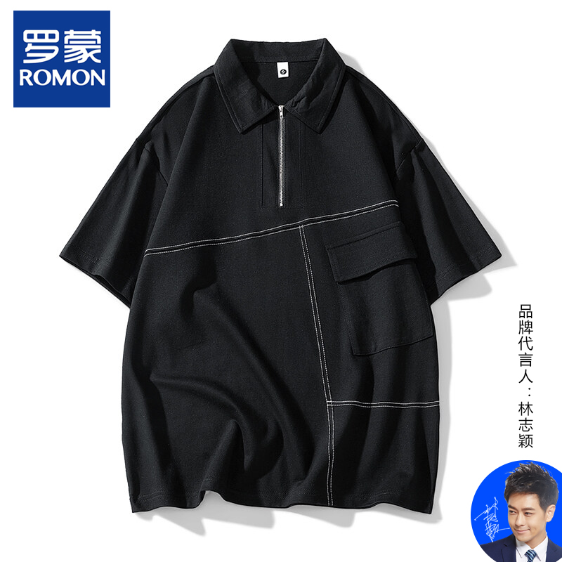 Romon/罗蒙短袖Polo衫男夏新款潮流时尚简约情侣百搭宽松休闲上衣
