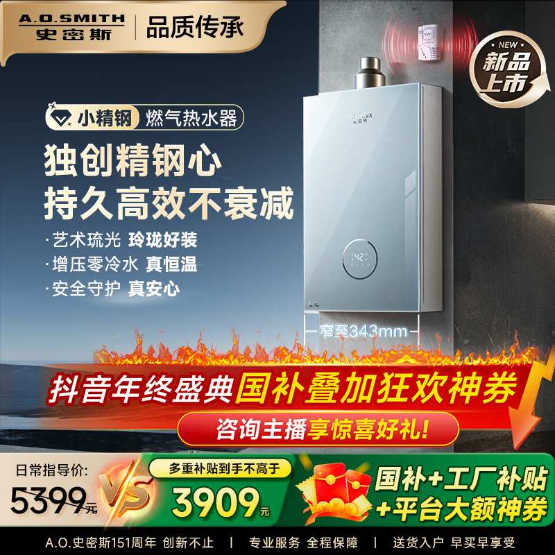 【国补专用】AO史密斯佳尼特16L增压零冷水燃热水器JSQ31-TJS5