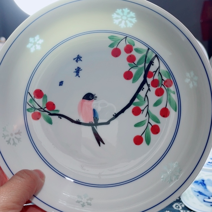 青花玲珑8寸窝盘手花花鸟