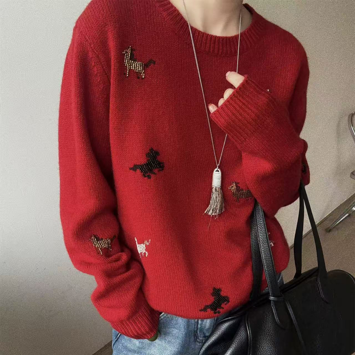 欧洲站2025冬季甜美韩系风重工图案刺绣针织衫套头软糯毛衣女7349