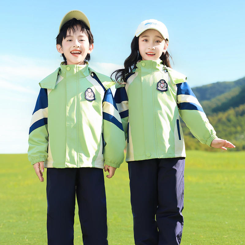 小学生校服绿蓝冲锋衣三件套儿童运动会班服套装秋冬季幼儿园园服