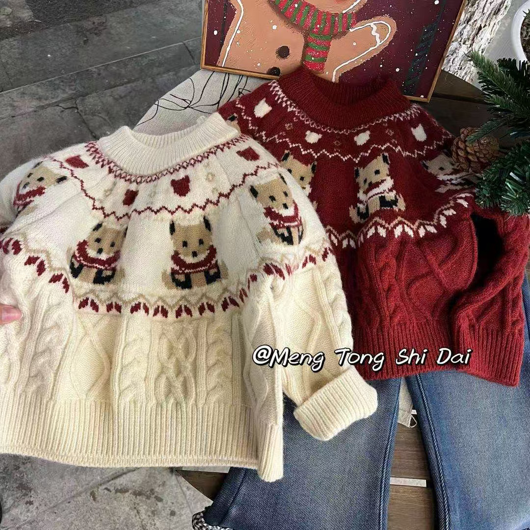 【KL】25韩女童小熊刺绣毛衣圣诞款套头针织毛衣