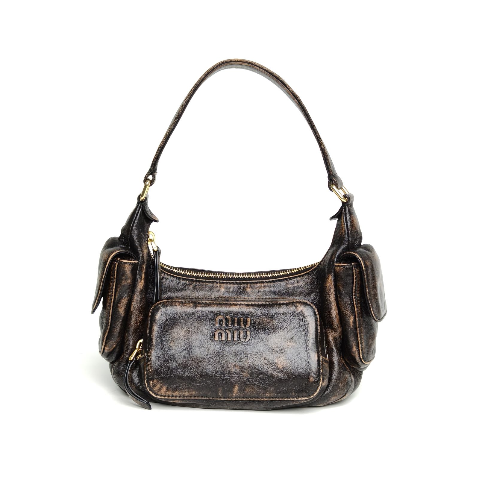 99新 MIU MIU/缪缪 【娇】Hobo机车包 压花刻字徽标 咖啡色 皮革S