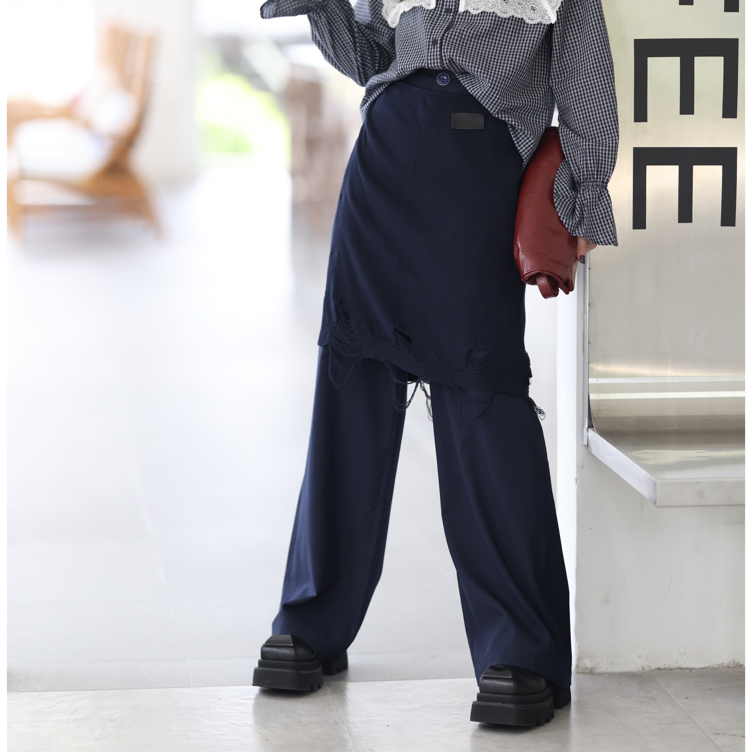 KIKI严选：0083-1-XXQ家欧货南油秋冬小众设计假两件炸街休闲裤