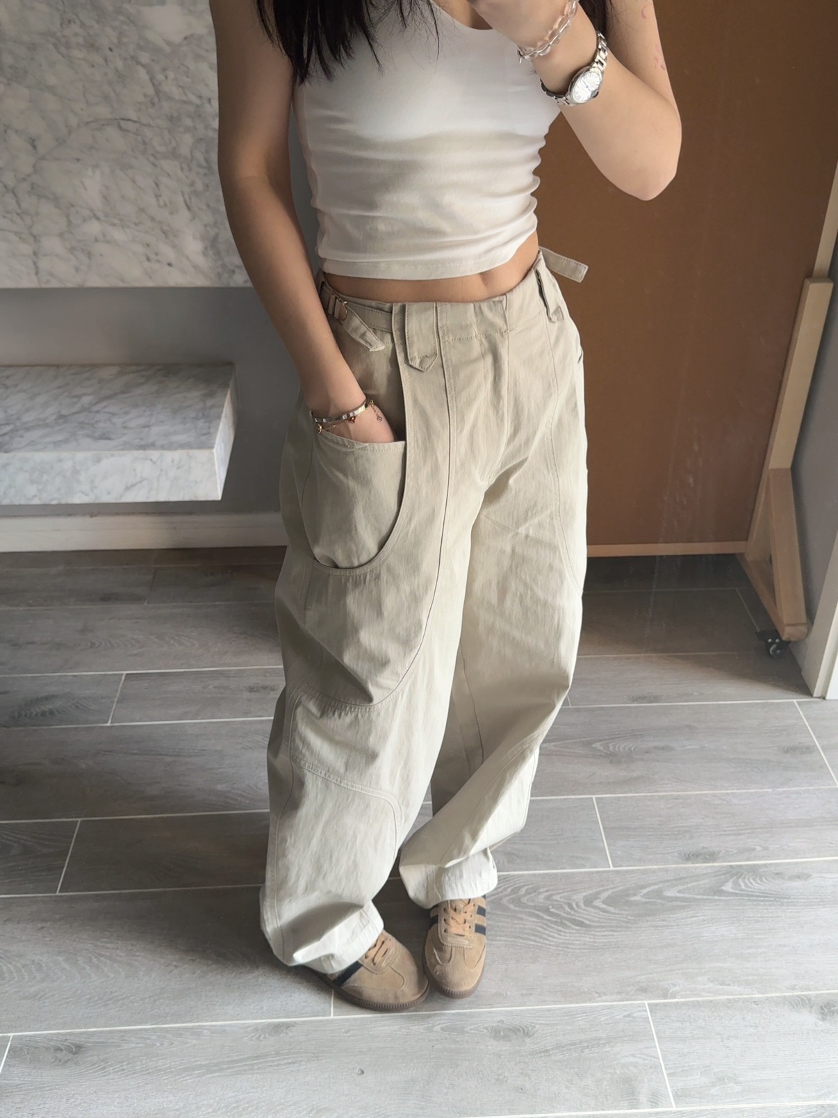 embrace春夏新款松垮休闲弯刀裤工装裤高腰镰刀裤