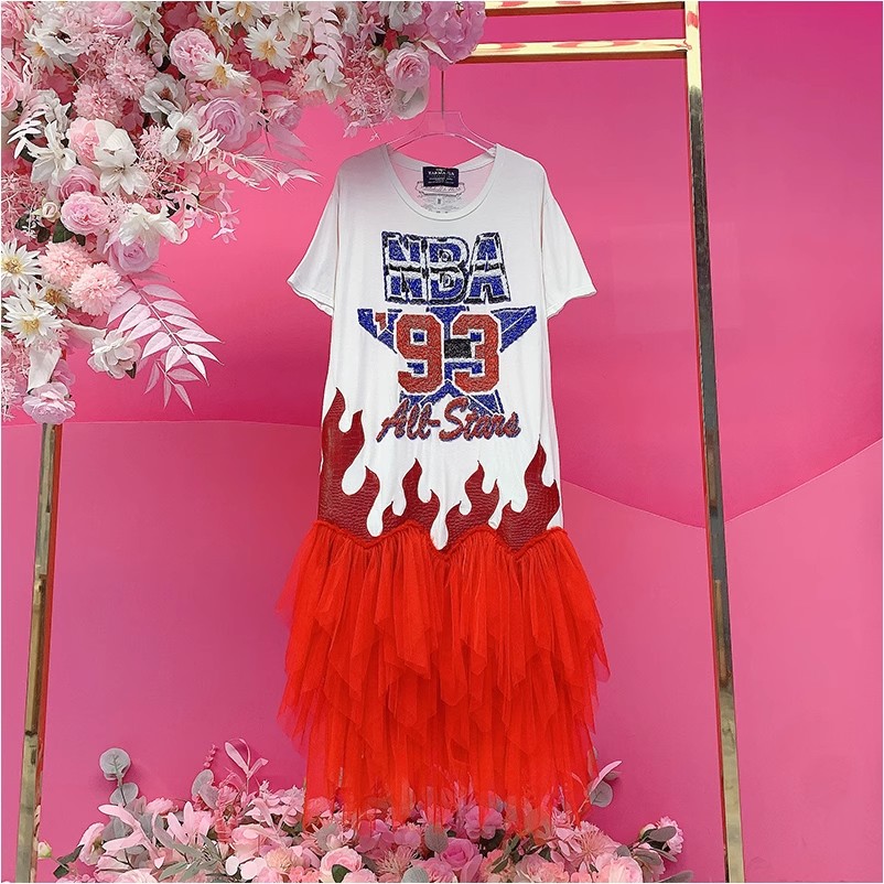 A2547欧美设计师2025夏季新款重工钉珠刺绣字母拼纱休闲连衣裙女