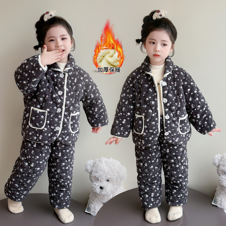 儿童加绒加厚睡衣吸汗保暖珊瑚绒公主风家居服套装冬装连帽外穿