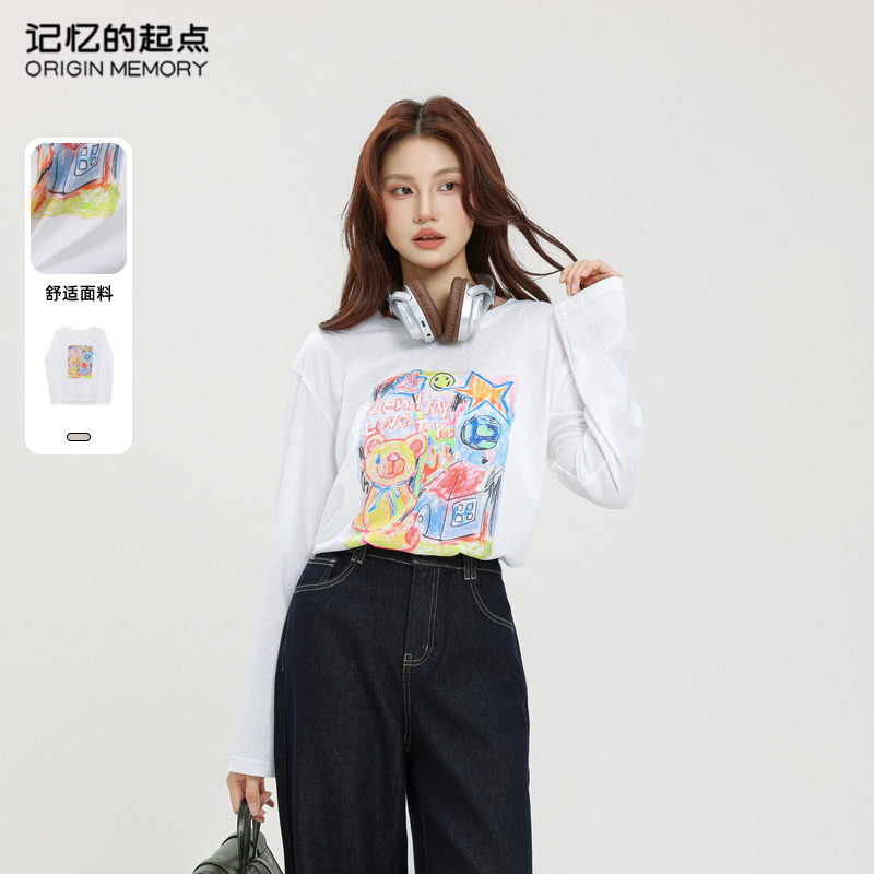 记忆的起点涂鸦长袖T恤女士2025秋季新款宽松圆领上衣69GQ33092H