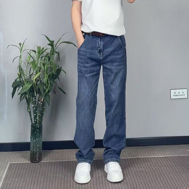 蓝色简约百搭复古美式休闲高街潮牌潮流通勤男装直筒牛仔裤