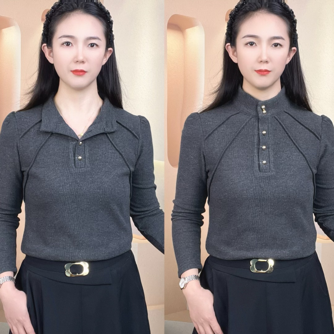 秋冬季新款双面绒衬衫女设计感减龄显瘦气质T恤长袖打底衫上衣