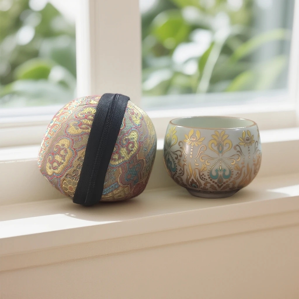 敦煌孔雀纹陶瓷主人杯带包