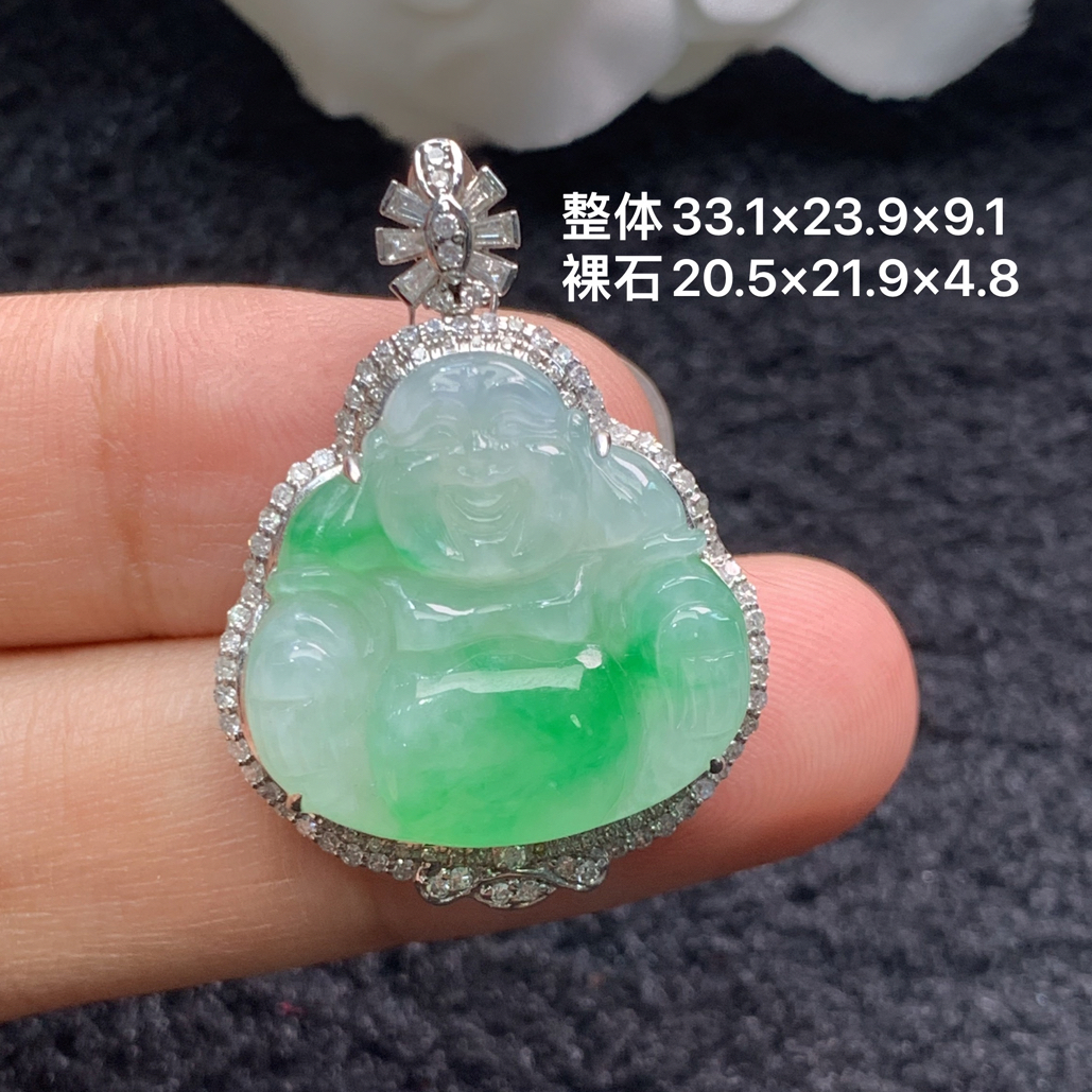 18k金镶嵌天然缅甸翡翠阳绿佛公吊坠33.1×23.9×9.1/20.5×21.9×4.8