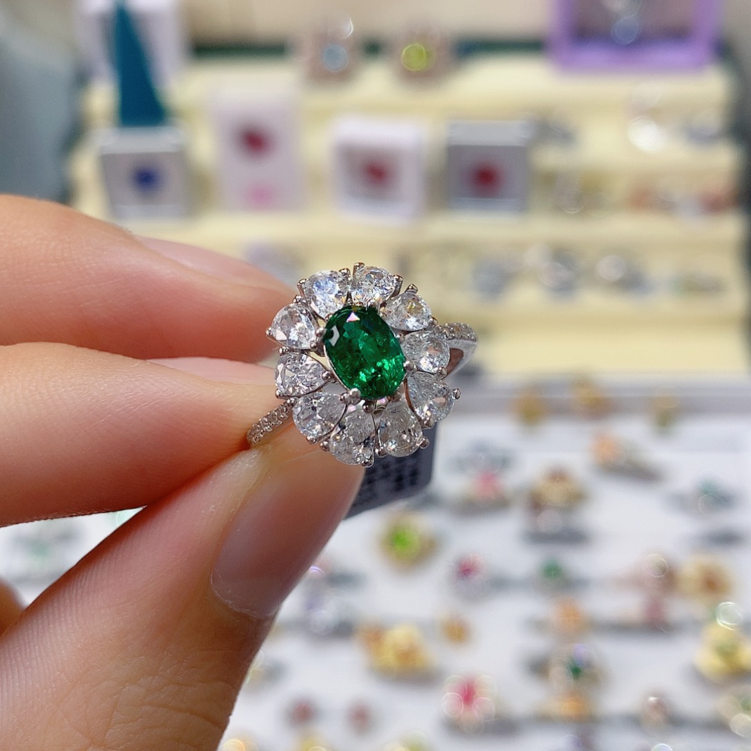 布***和祖母绿戒指戒指银S925镶嵌