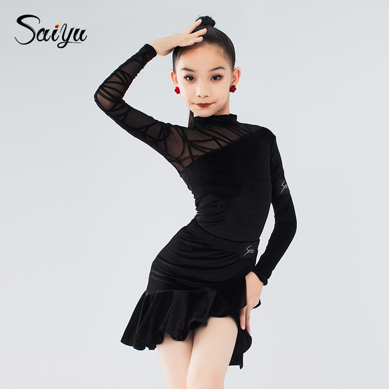 赛域拉丁秋冬新丝绒高领百褶裙套装女少儿童训练习功表演出服9016