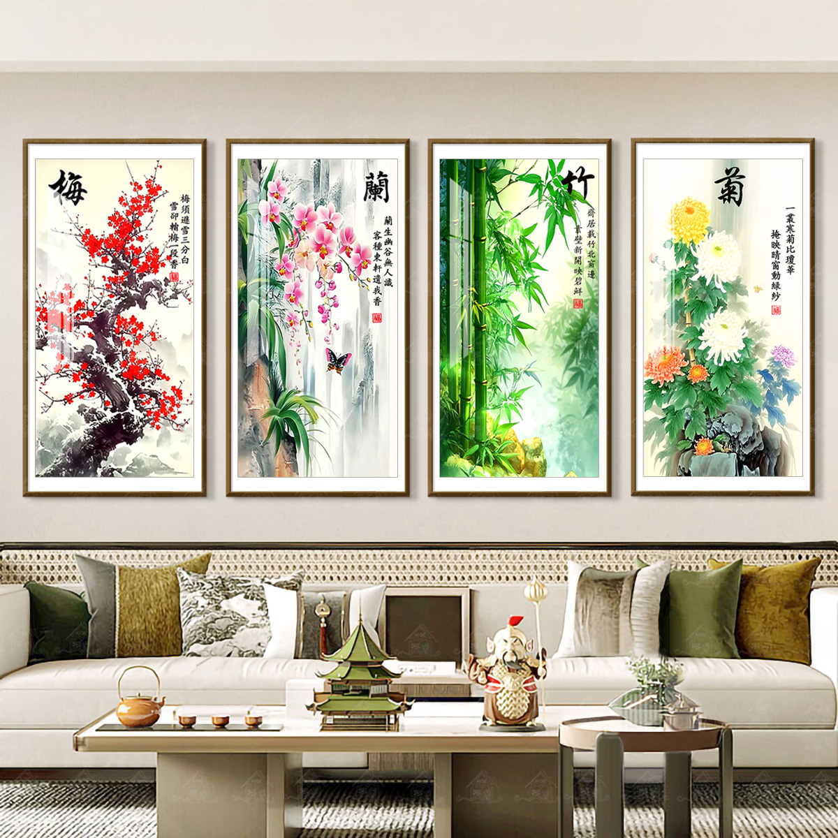 【进口棉布】爱阁十字绣梅兰竹菊四联画新款简约唯美风景画手工绣