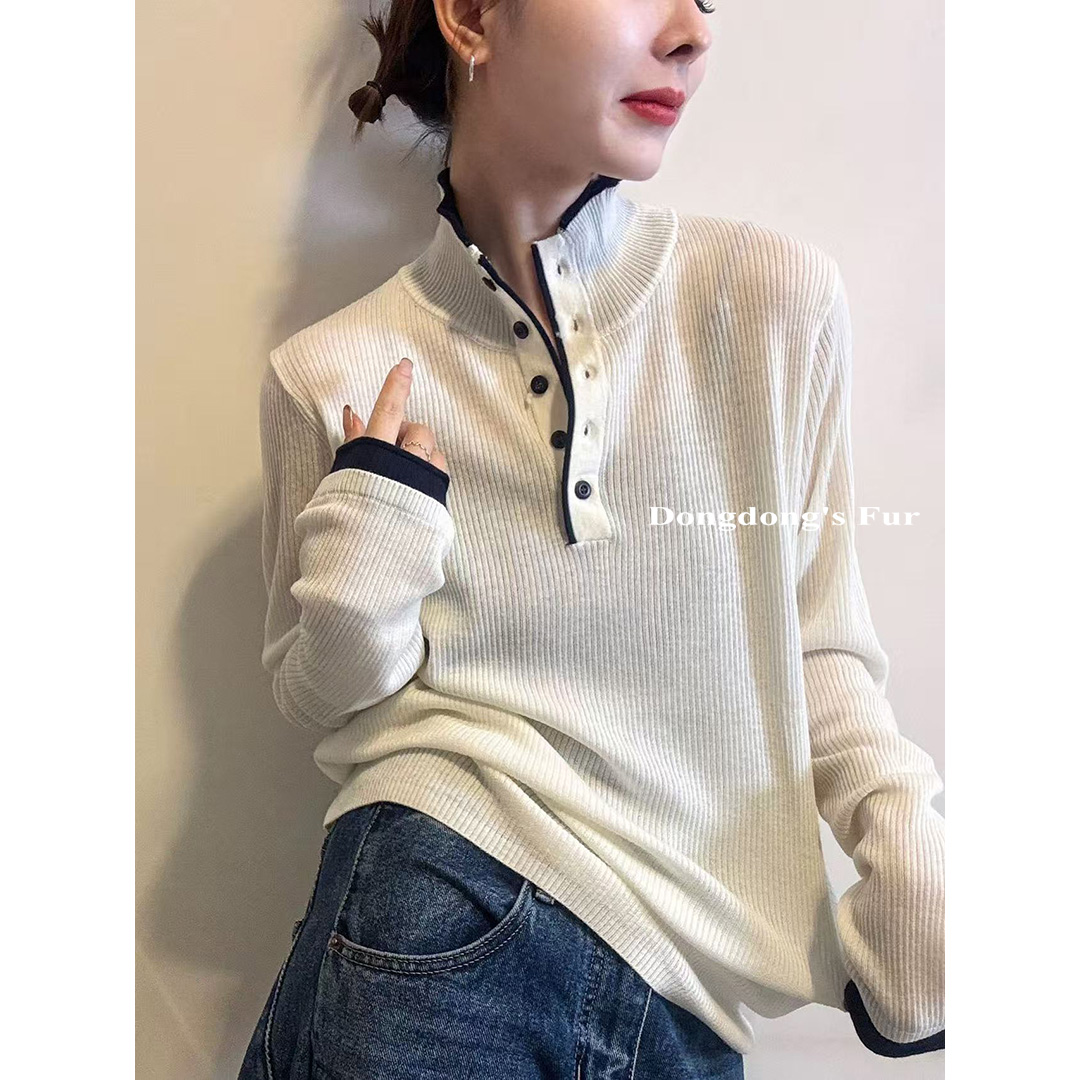 立领秋季常规款打底衫宽松百搭上衣针织长袖毛衣毛针织衫冬季秋冬