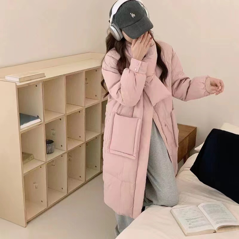 立领常规袖长款羽绒服宽松韩版过膝休闲冬装中长款潮流收腰