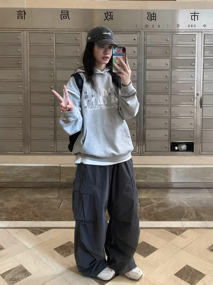 国潮牌美式编织刺绣灰色连帽卫衣女2025新款秋冬高街复古情侣外套