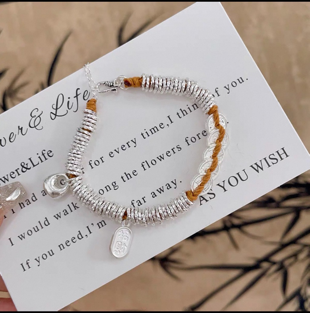 足银手链 999.9黄财神五帝钱手链葫芦盘缠手串送女友生日礼物