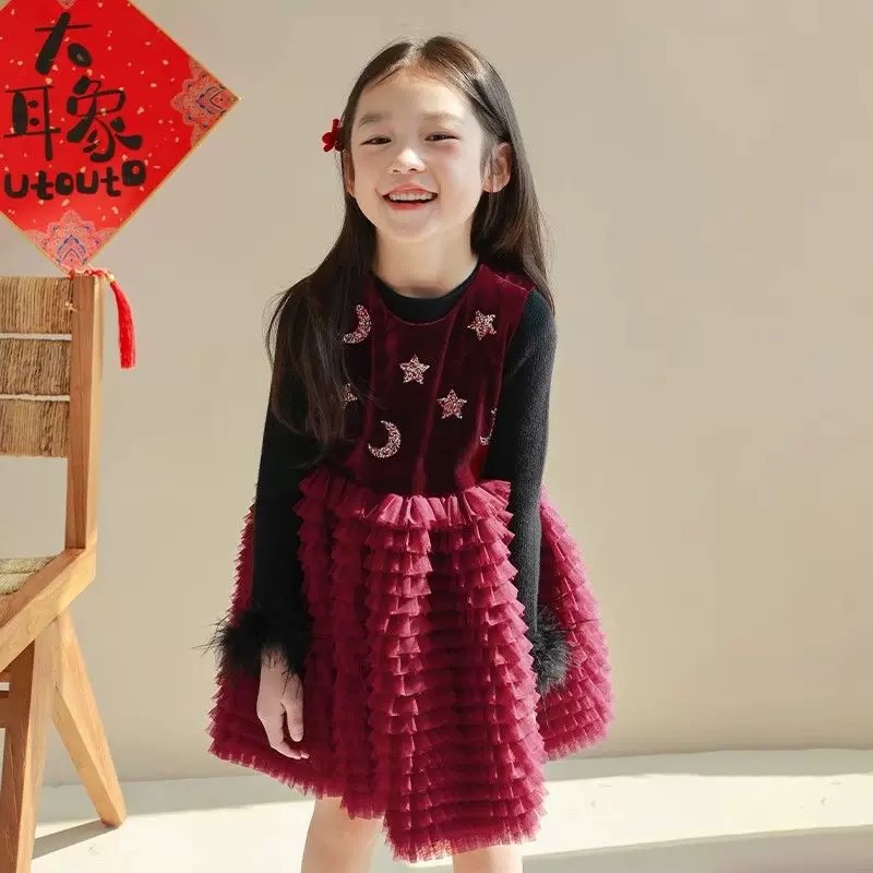 2025女童连衣裙秋冬款新款红色儿童公主裙宝宝周岁礼服加绒