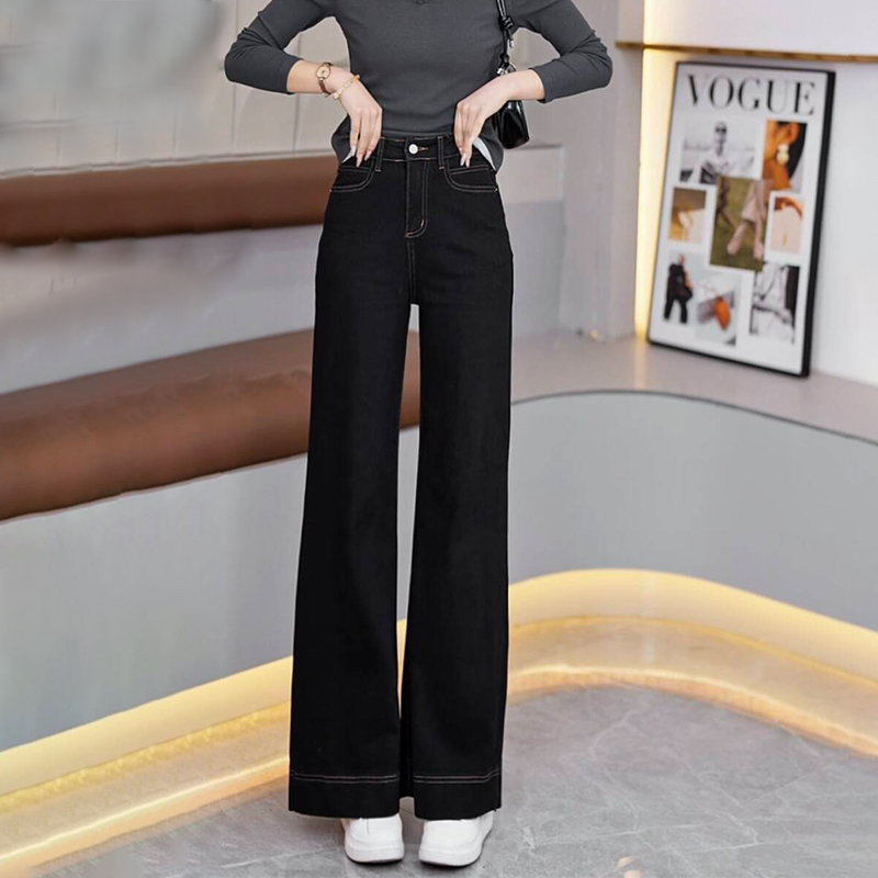 春黑色新款宽松弹力加绒阔腿牛仔裤小个子高腰显瘦遮微喇牛仔女裤