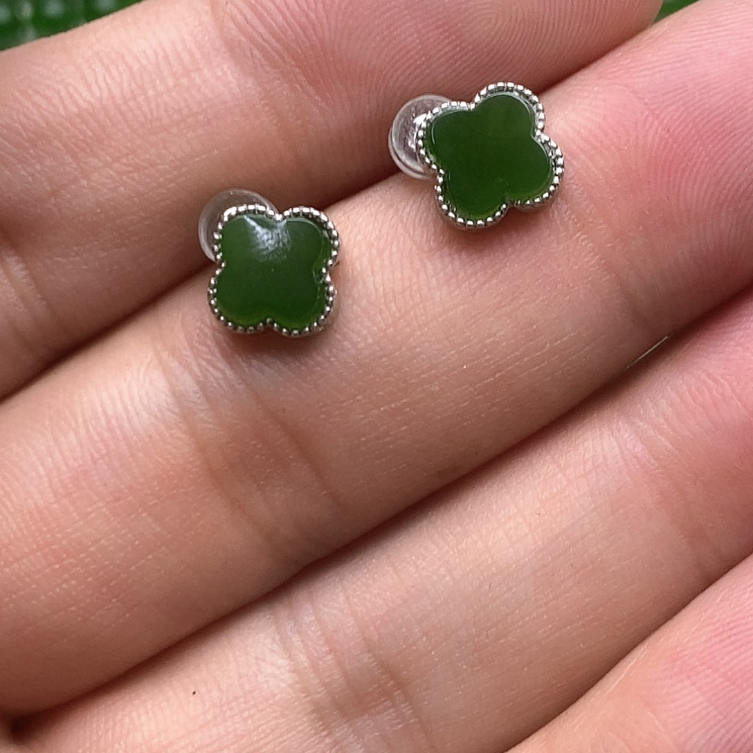 和田玉（碧玉）银S925镶嵌耳饰