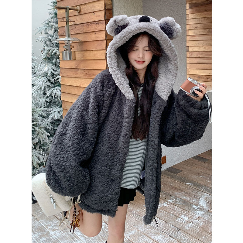 300斤大码女装小熊耳朵连帽加厚保暖外套女胖mm宽松遮肉百搭棉衣