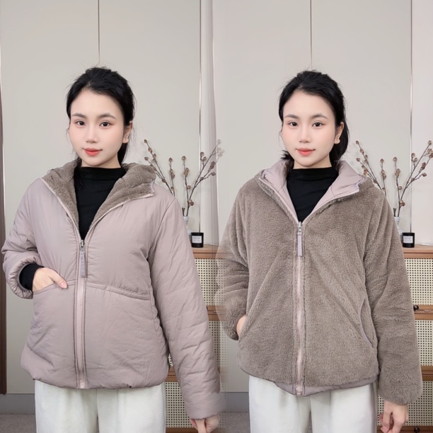 连帽泡芙加绒加厚两面穿休闲连帽防风棉服外套