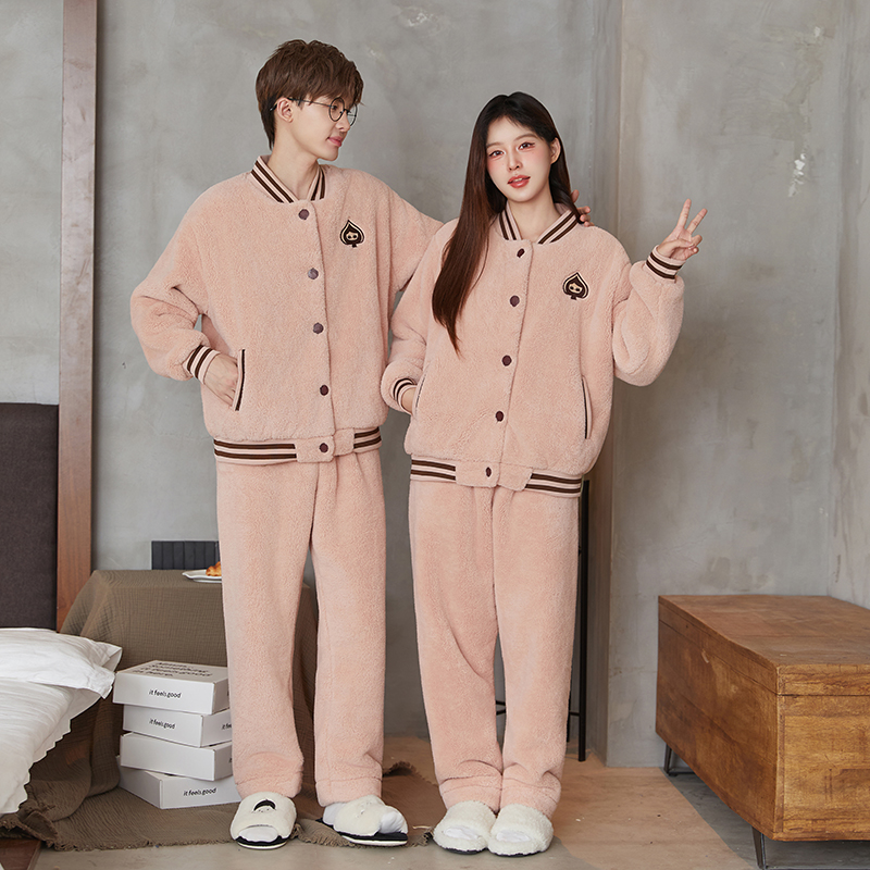 情侣轻奢双层加绒加厚睡衣冬季时尚保暖家居服套装棒球服款可外穿