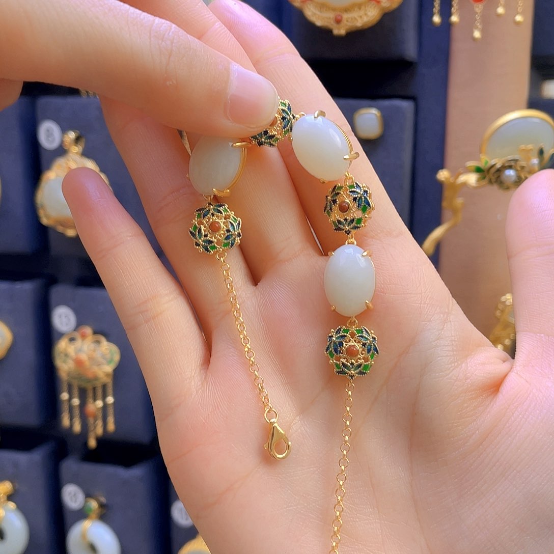和田玉手链银S925镀金镶嵌