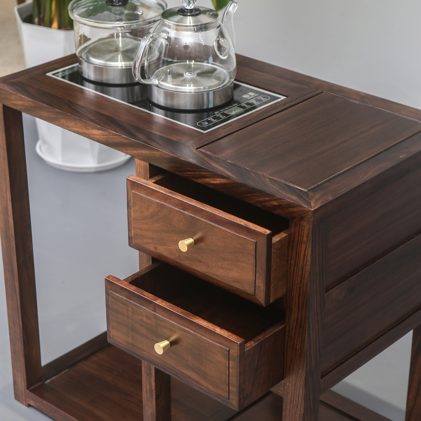 新中式乌金木实木茶水柜侧柜家用移动边几收纳柜烧水壶一体茶边柜