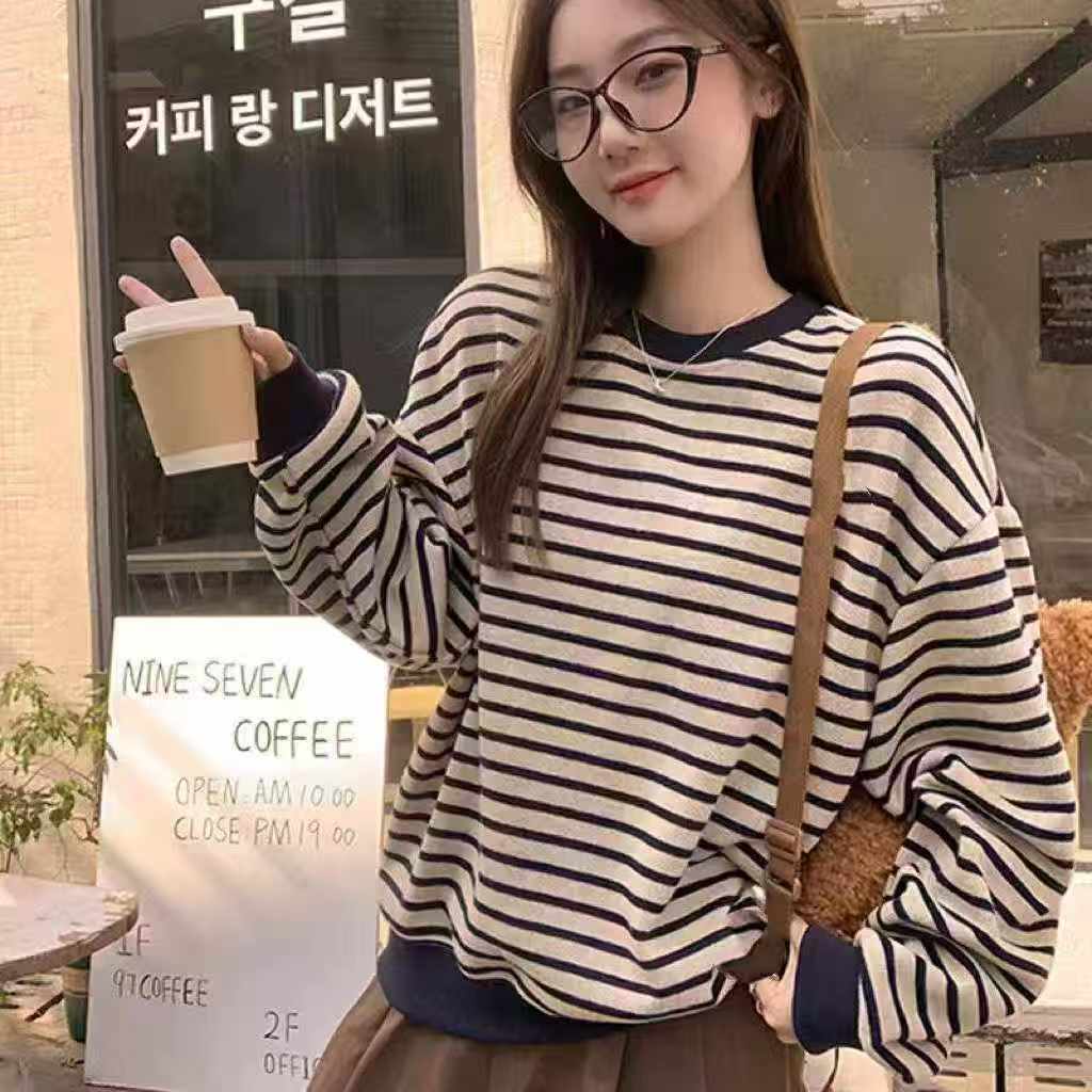 圆领针织休闲卫衣ins螺纹拼色女装条纹慵懒风宽松231