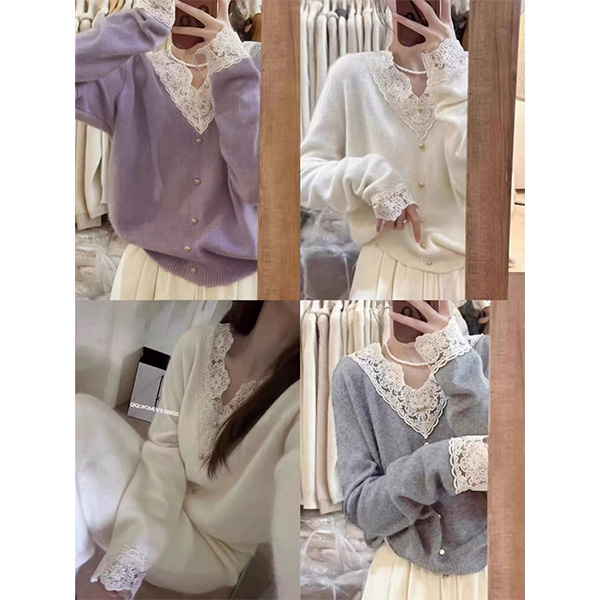 全毛高货 勿机洗~胸106-150长55蕾丝拼接V领针织衫 1730