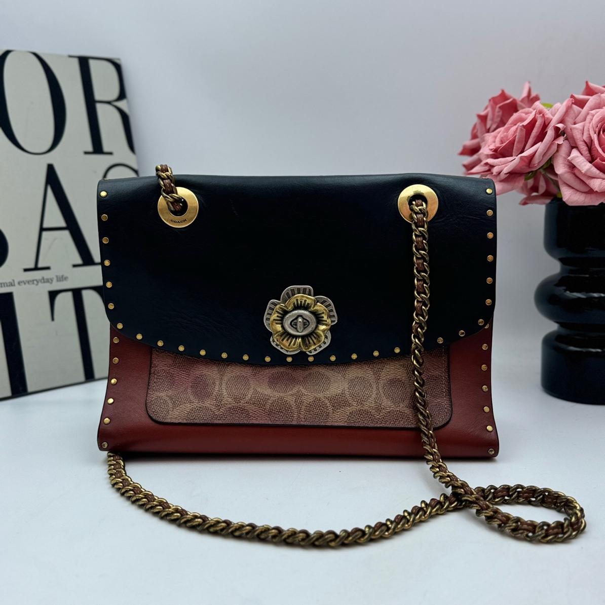 95新 COACH/蔻驰 Coach xy 9441山茶花棕色链条包 26x18