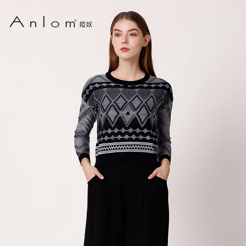 Anlom/娅奴春装新款宽松时尚气质条纹格桑蚕丝圆领休闲针织女上衣