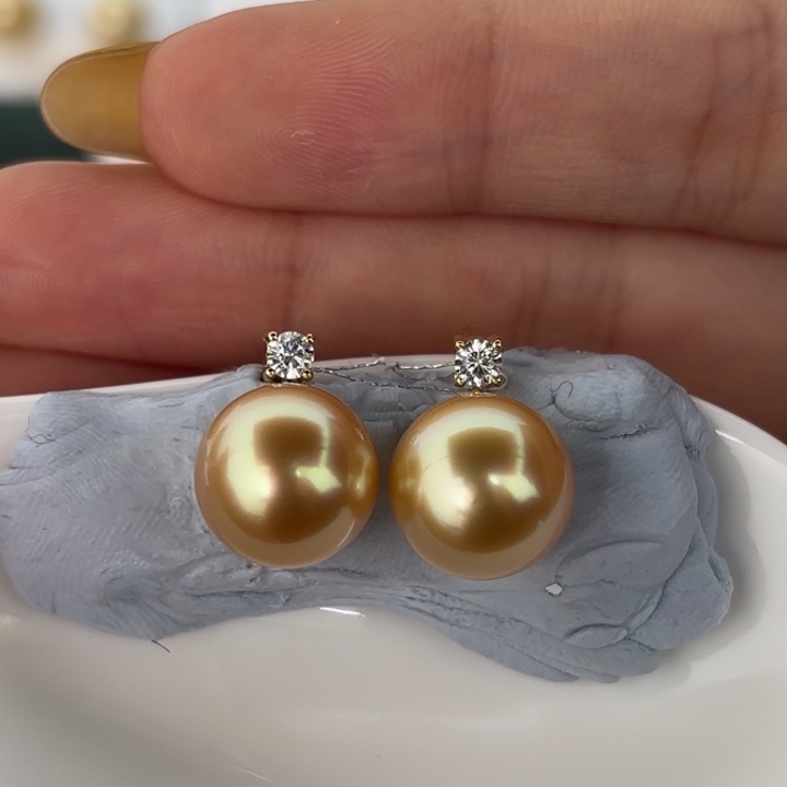 定制海水珍珠18K金镶嵌耳饰11.4-11.6mm金珠戴妃耳饰一对