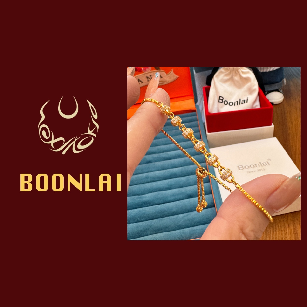 铜合金莫桑石手链 Boonlai 镶钻锁扣金色珠珠手串3101